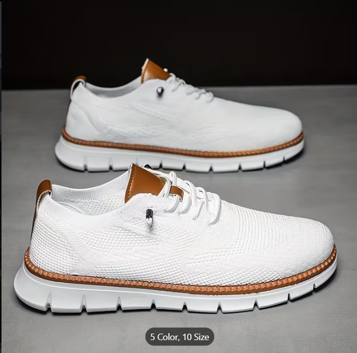 [Breathable Sneakers] Lightweight Breathable Men's Mesh Sneakers | Casual Summer Shoes with Elastic Laces, EVA Insole & Durable PVC Sole, White & Brown Design, Perfect for Outdoor Activities
