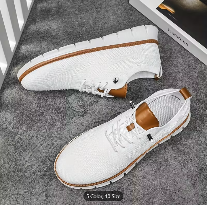 [Breathable Sneakers] Lightweight Breathable Men's Mesh Sneakers | Casual Summer Shoes with Elastic Laces, EVA Insole & Durable PVC Sole, White & Brown Design, Perfect for Outdoor Activities