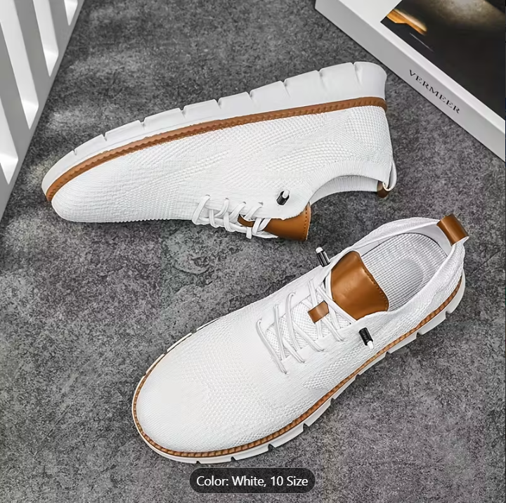 [Breathable Sneakers] Lightweight Breathable Men's Mesh Sneakers | Casual Summer Shoes with Elastic Laces, EVA Insole & Durable PVC Sole, White & Brown Design, Perfect for Outdoor Activities