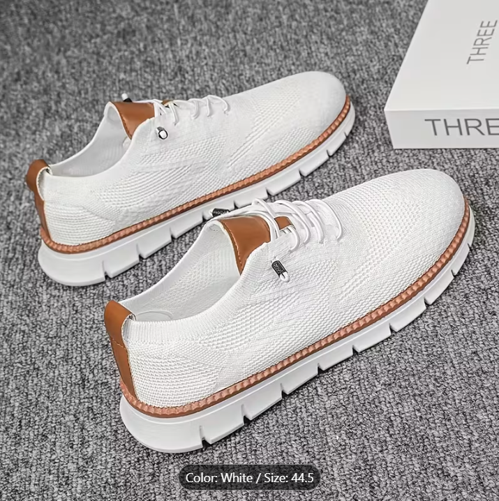 [Breathable Sneakers] Lightweight Breathable Men's Mesh Sneakers | Casual Summer Shoes with Elastic Laces, EVA Insole & Durable PVC Sole, White & Brown Design, Perfect for Outdoor Activities