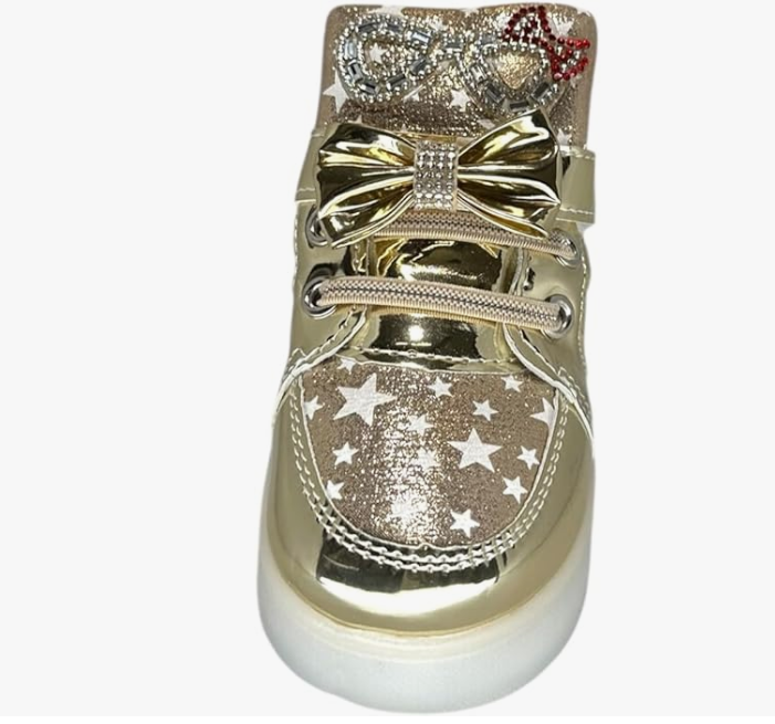 Girls' Light-Up High Top Sneakers – Glitter Star Shoes with Bows & Rhinestone Cat Ears