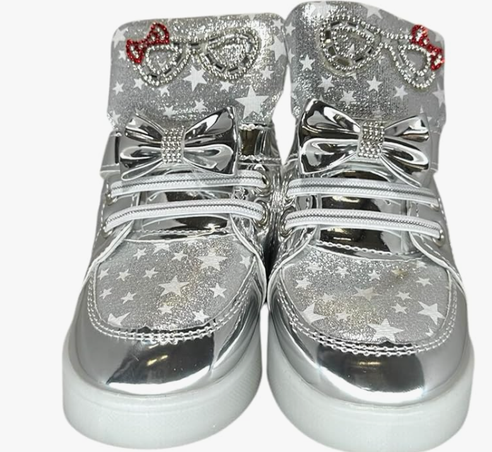 Girls' Light-Up High Top Sneakers – Glitter Star Shoes with Bows & Rhinestone Cat Ears