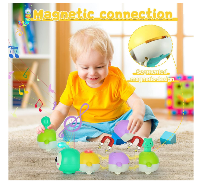 AM ANNA Baby Toys 0-6 Months, Crawling Caterpillar Tummy Time Toy with Magnetic Suction Music Light up, Sensory Learning Infant Toy for 6-12 Month Newborn Toddler 1 Year Old Girl Boy Baby Gifts