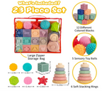 Moonmen 23 Pcs Montessori Toys for Babies 0-3-6-12 Months, 3 in 1 Soft Baby Teething Toys and Stacking Building Blocks for Sensory Developmental Education (23pcs)