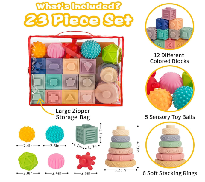 Moonmen 23 Pcs Montessori Toys for Babies 0-3-6-12 Months, 3 in 1 Soft Baby Teething Toys and Stacking Building Blocks for Sensory Developmental Education (23pcs)
