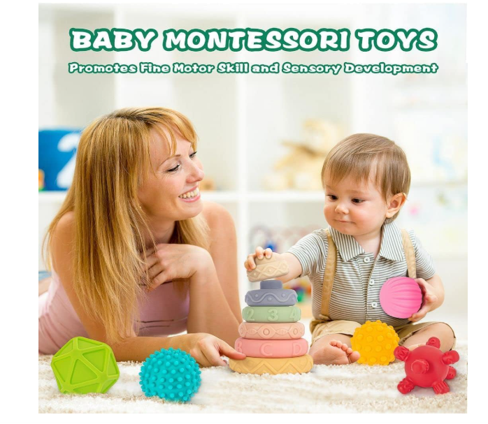 Moonmen 23 Pcs Montessori Toys for Babies 0-3-6-12 Months, 3 in 1 Soft Baby Teething Toys and Stacking Building Blocks for Sensory Developmental Education (23pcs)