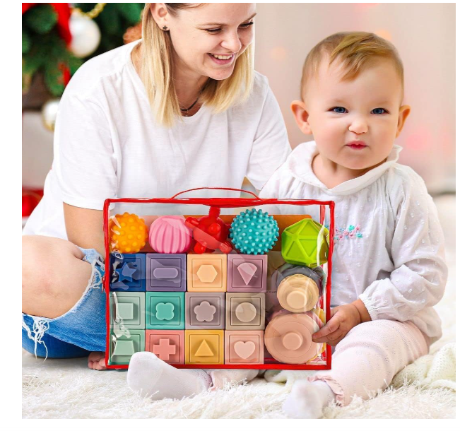 Moonmen 23 Pcs Montessori Toys for Babies 0-3-6-12 Months, 3 in 1 Soft Baby Teething Toys and Stacking Building Blocks for Sensory Developmental Education (23pcs)