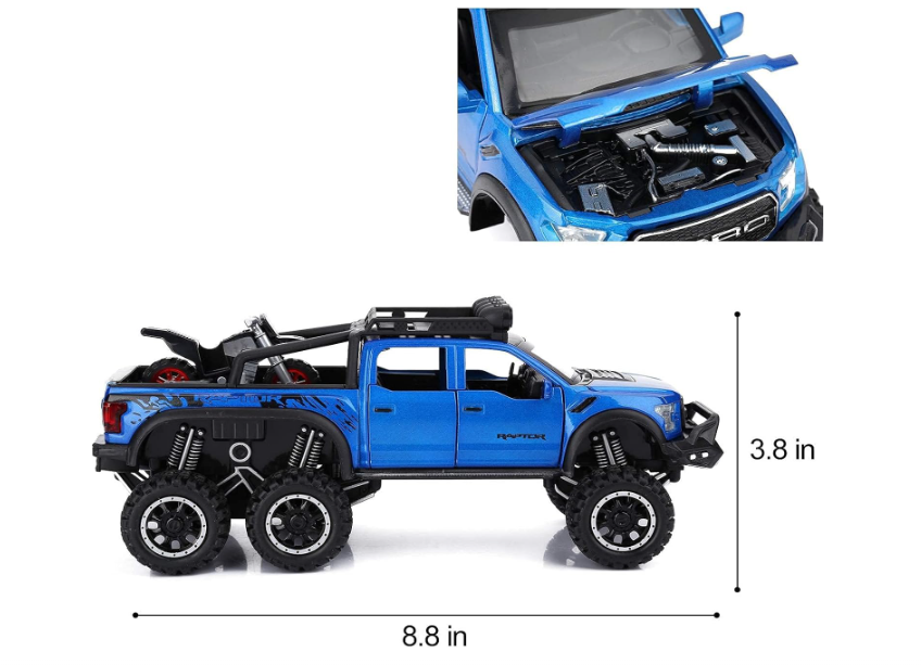 KASTWAVE F150 Pickup Truck Toys for Boys Age 3-8 Raptor Toy Trucks for Boy Ages 4-7 Diecast Metal Model Truck with Light and Sound Pull Back Toy Cars Gifts for 3+ Year Old Kids (Blue)