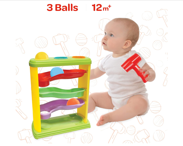 The Moon Brand Pound & Roll – Fine Motor Skills Developmental Hammer and Ball Baby Learning Toy – Multicolor Early Education Gift for Toddlers – Activity Pound 3 Balls Fun Ramp Tower for 12m+