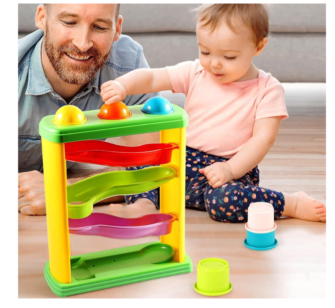 The Moon Brand Pound & Roll – Fine Motor Skills Developmental Hammer and Ball Baby Learning Toy – Multicolor Early Education Gift for Toddlers – Activity Pound 3 Balls Fun Ramp Tower for 12m+