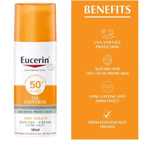 Eucerin Face Sunscreen Oil Control Gel-Cream Dry Touch, High UVA/UVB, SPF 50+, Light Texture Sun Protection, Suitable Under Make-Up, For Blemish-Prone Skin, 50ml