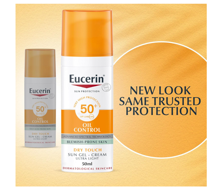 Eucerin Face Sunscreen Oil Control Gel-Cream Dry Touch, High UVA/UVB, SPF 50+, Light Texture Sun Protection, Suitable Under Make-Up, For Blemish-Prone Skin, 50ml