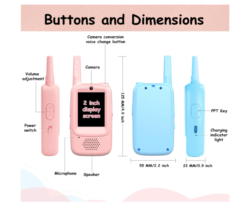 ESSEN Video Walkie Talkies Toys for Kids 2 Pack Rechargeable w/Screen Display,Voice Changer,Video Chat,Fun Toys for Indoor Outdoor Camping,Travel Birthday Gift Toy for Boys Girls Age 3-12 (Blue/Pink)