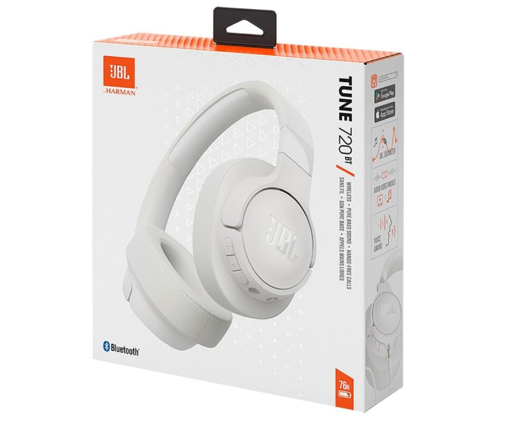 JBL Tune 720BT Wireless Over-Ear Headphones, Pure Bass Sound, Bluetooth 5.3, 76H Battery, Hands-Free Call, Multi-Point Connection, Foldable, Detachable Audio Cable - White, JBLT720BTWHT